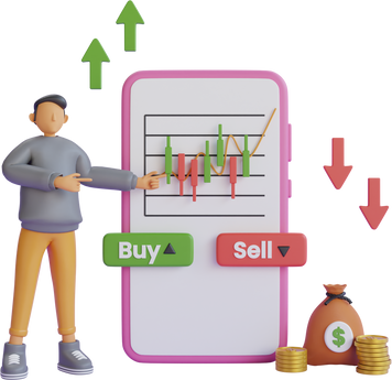 3D Smartphone with graph chart buy and sell shares, stock market index,Candlestick,trading graphic, stock market graph, financial investment chart. Buy and Sell Button. phone with buy and sell buttons and coins floating around. 3d rendering
